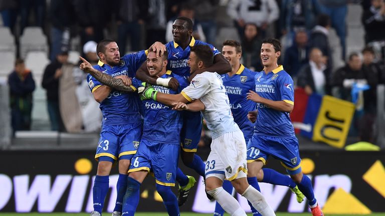 Leonardo Blanchard (C) of Frosinone Calcio celebrates his goal with team mate