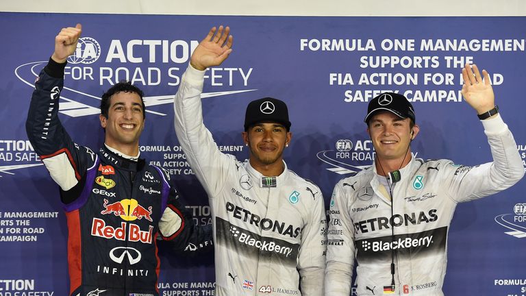 Daniel Ricciardo, pole sitter Lewis Hamilton and Nico Rosberg 