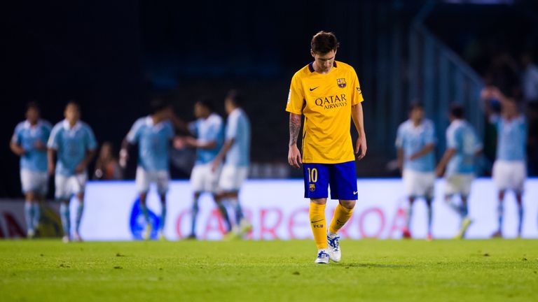 Lionel Messi of FC Barcelona looks dejected