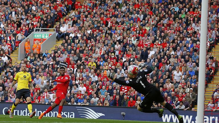 Liverpool's Daniel Sturridge scores his team's second goal, his first since returning from injury 