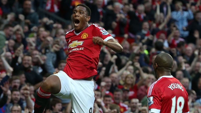 Anthony Martial of Manchester United celebrates scoring their third goal against Liverpool