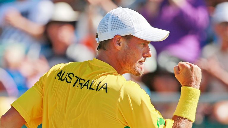 Lleyton Hewitt of Australia celebrates during the Davis Cup tie v Kazakhstan