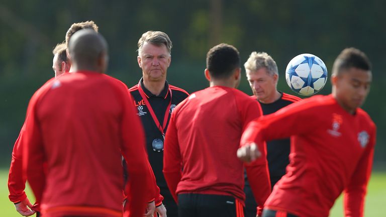 Louis van Gaal oversees training ahead of Manchester United's clash with Wolfsburg