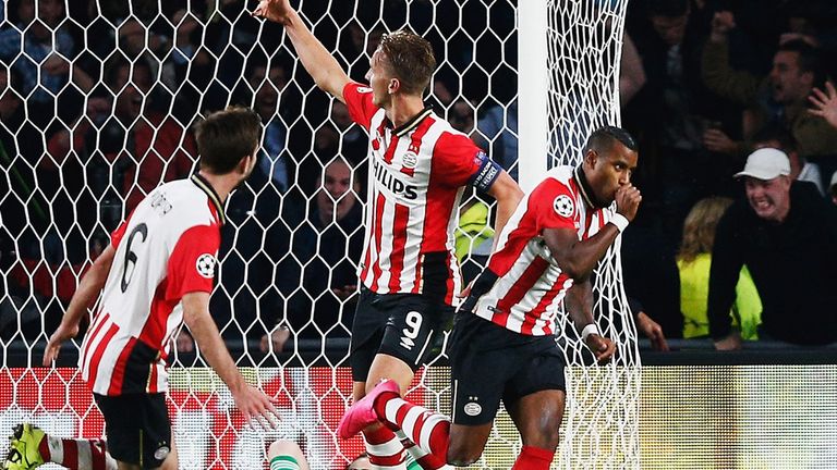 Luciano Narsingh of PSV Eindhoven celebrates scoring his team's second goal