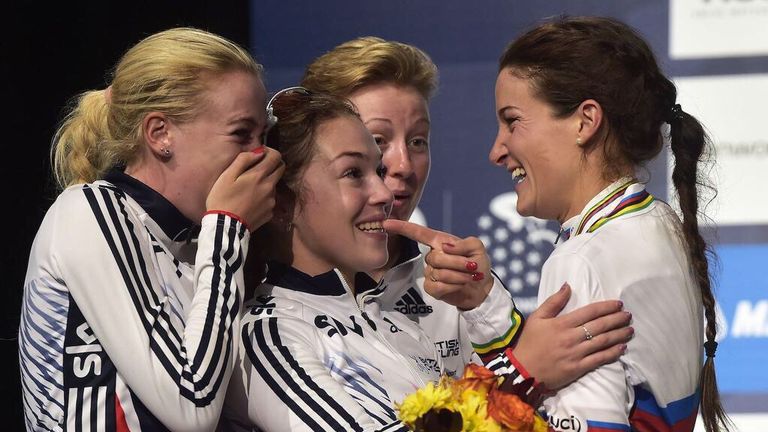 Lucy Garner enjoys the celebrations after helping Lizzie Armitstead to glory in Richmond