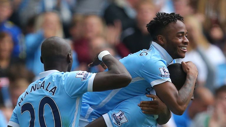 Manchester City's Raheem Sterling celebrates scoring with Manchester City's Yaya Toure during the Premier League match v Watford at the Etihad Stadium