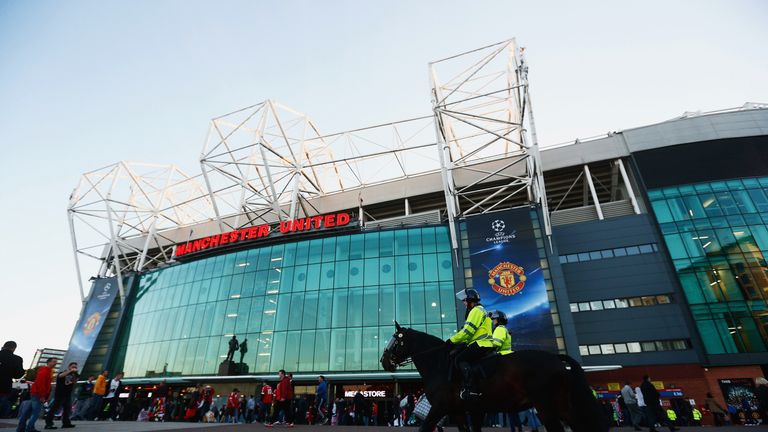 Mounted police patrol outside the stadium prior to during the UEFA Champions League Group B match between Manchester United FC and VfL Wolfsburg at Old