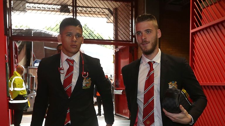 Marcos Rojo and David de Gea of Manchester United arrive at Old Trafford before they takes on Liverpool