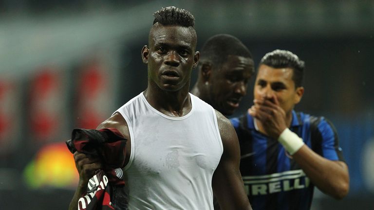 Mario Balotelli of AC Milan shows the AC Milan shirt during the Serie A match v Inter