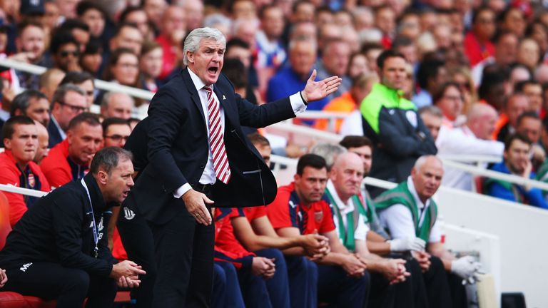 Mark Hughes gestures during the Barclays Premier League match between Arsenal and Stoke City