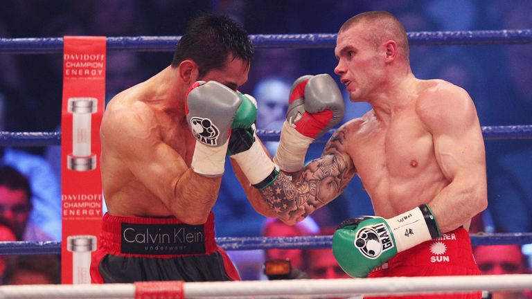 WBA middleweight champion Felix Sturm in action with challenger Martin Murray of Great Britain during their WBA middleweight World Championship fight