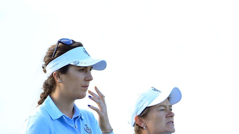 SANKT LEON-ROT, GERMANY - SEPTEMBER 18:  Sandra Gal (L) and Catriona Matthew (R) of the European Team looks on at first green during the morning foursomes 