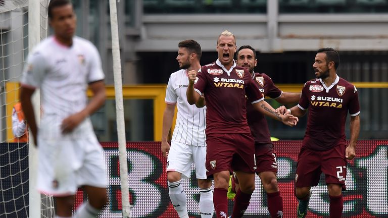 Maxi Lopez of Torino celebrates after scoring the opening goal during the Serie A match between Torino FC and Palermo