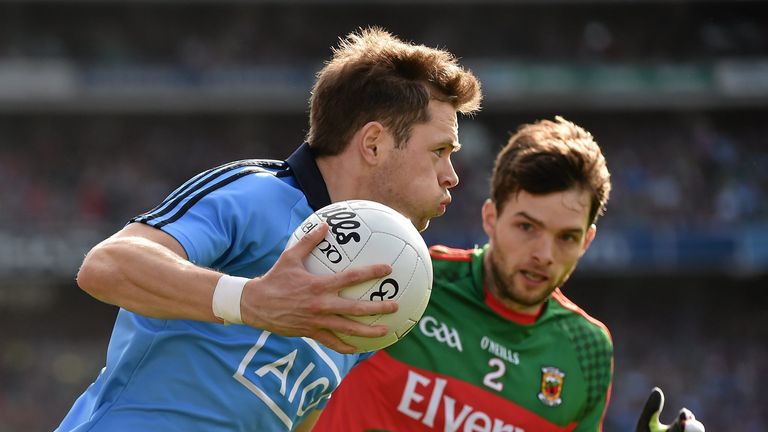  Dean Rock, Dublin, in action against Ger Cafferkey, Mayo