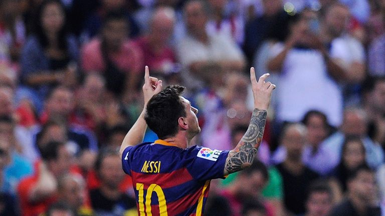 MADRID, SPAIN - SEPTEMBER 12:  Lionel Messi of FC Barcelona celebrates after scoring his team's 2nd goal goal during the La Liga match between Club Atletic