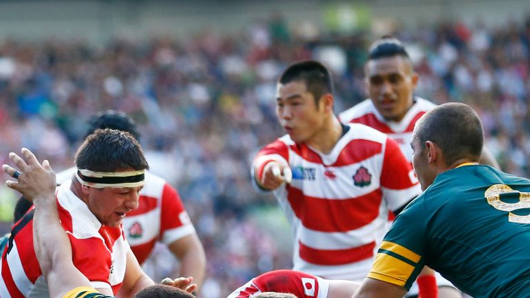 Michael Leitch scores Japan's first try during their historic World Cup win over South Africa