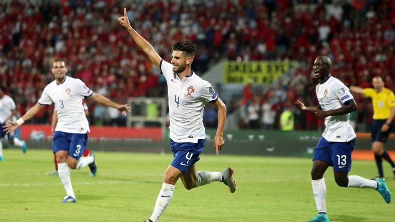 Miguel Veloso celebrates scoring Portugal's late winner in Albania