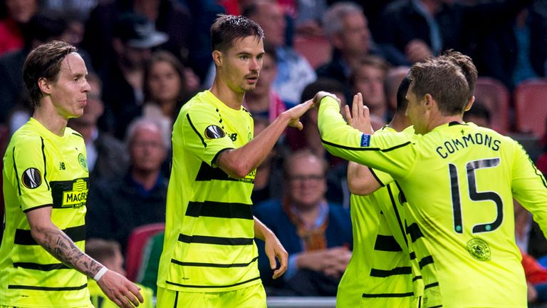 Celtic's Mikael Lustig (2nd from left) celebrates his goal with his team-mates