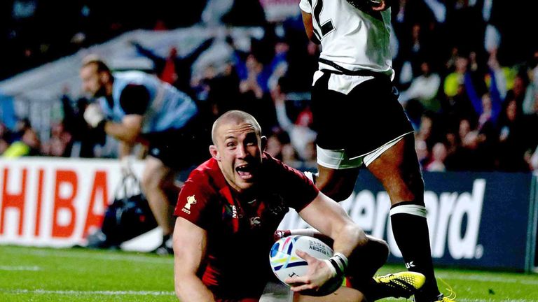 Mike Brown scores a try for England against Fiji