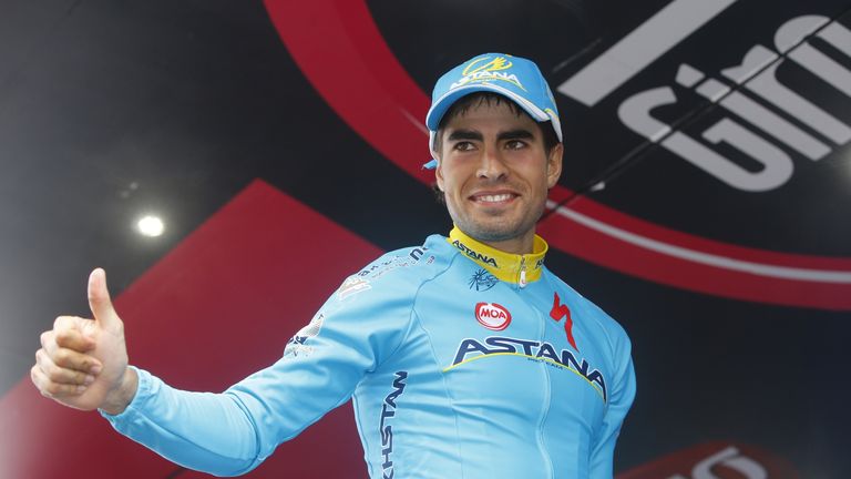 Spanish rider Mikel Landa celebrates on the podium after winning the 16th stage of the 98th Giro d'Italia, Tour of Italy, cycling 