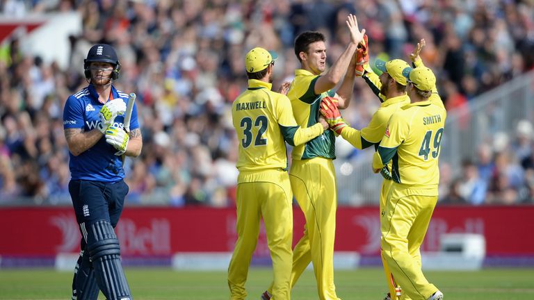 Mitchell Marsh of Australia celebrates dismissing Ben Stokes of England during the 5th ODI at Old Trafford