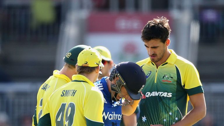 Mitchell Starc and Steve Smith show concern for Eoin Morgan 