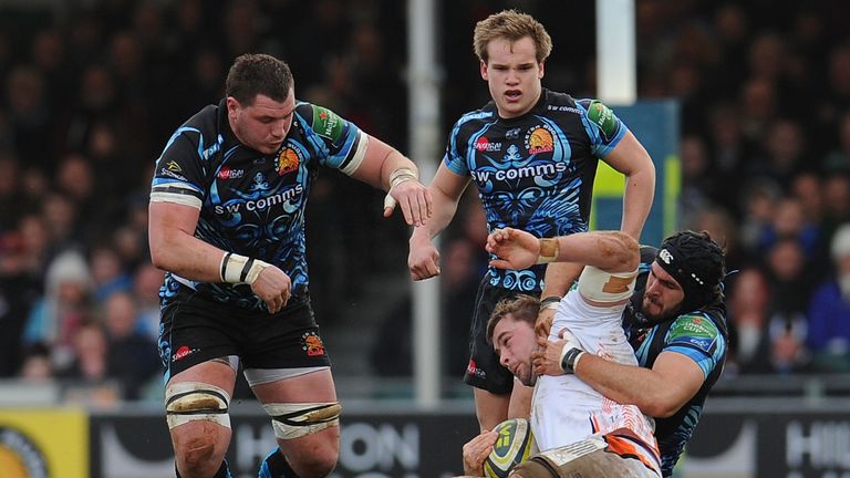 Morgan Allen of Ospreys is tackled during a match against Exeter Chiefs