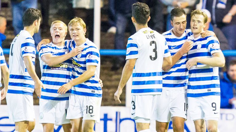 Morton players celebrate in the 3-2 win against Motherwell