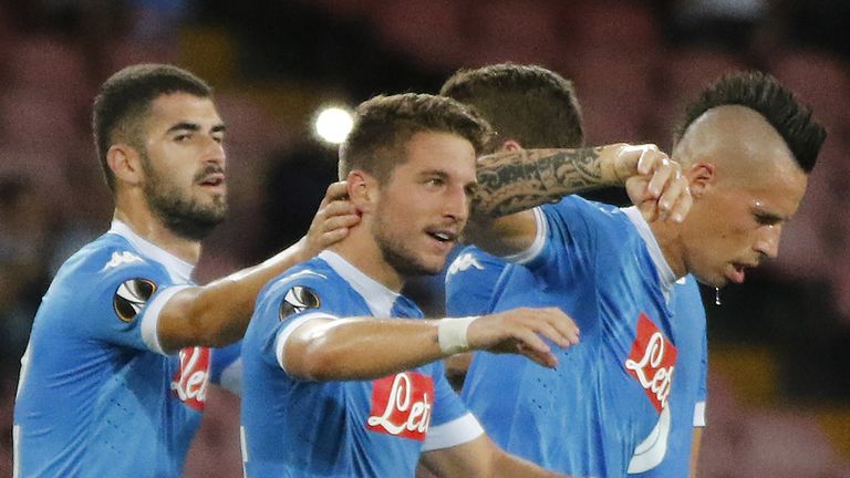 Napoli's Belgian forward Dries Mertens celebrates during the UEFA Europa League Group D football match SSC Napoli vs Club Brugge KV