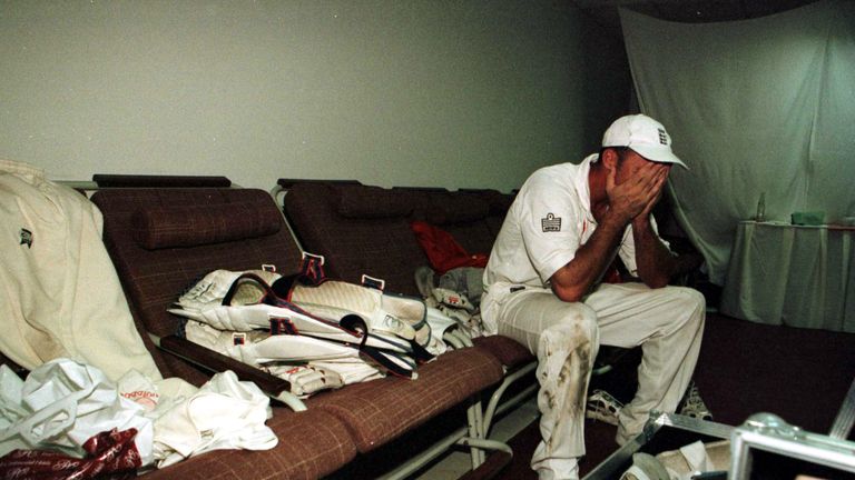 11 Dec 2000:  An emotionally drained Nasser Hussain reflects on an away series win in the dressing room during the 3rd Pakistan v England Test match at the