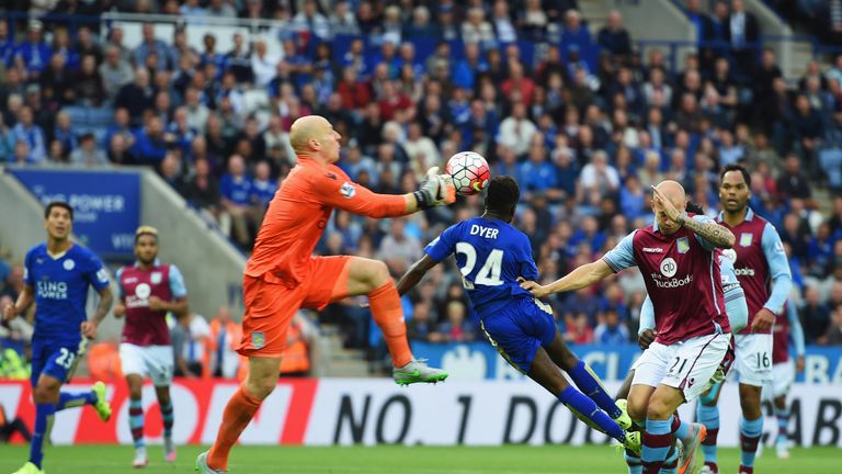 Nathan Dyer of Leicester City (24) beats Aston Villa goalkeeper Brad Guzan to score their third, and winning, goal
