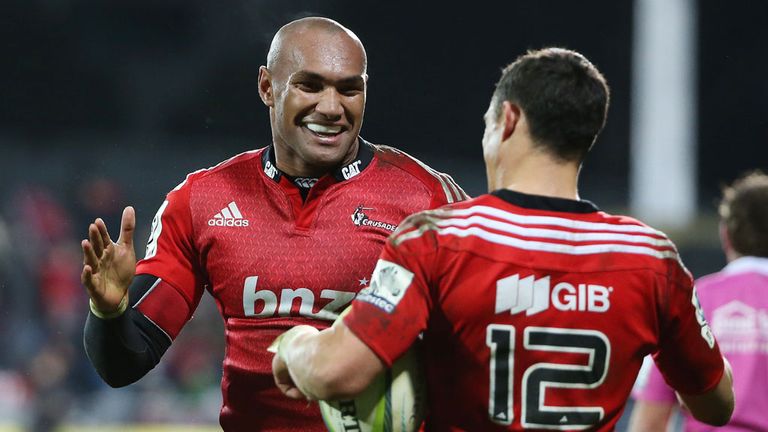 Nemani Nadolo (left) and Dan Carter celebrate a Crusaders try