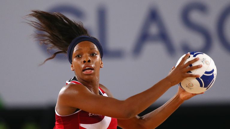 Eboni Beckford-Chambers of England catches a pass during the bronze medal netball match between England and Jamaica
