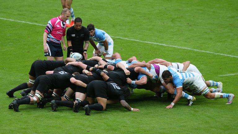 Referee Wayne Barnes observes the scrum during the 2015 Rugby World Cup Pool C match between New Zealand and Argentina