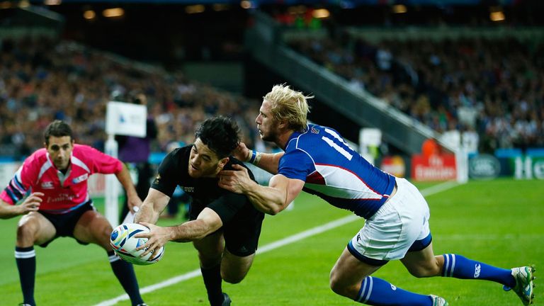 Nehe Milner-Skudder of the New Zealand All Blacks scores his teams fifth try