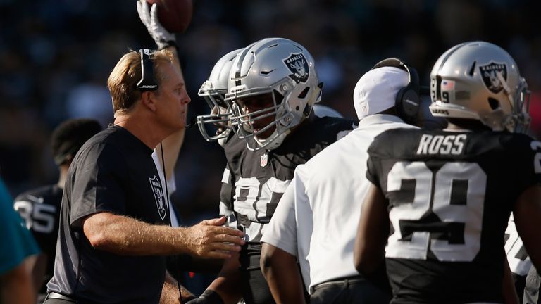 Oakland Raiders head coach Jack Del Rio congratulates his players as the come of the field during their game against the Arizona Cardinals