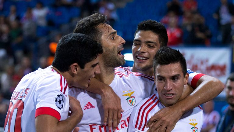 Nicolas Gaitan celebrates scoring Benfica's opening goal against Atletico Madrid
