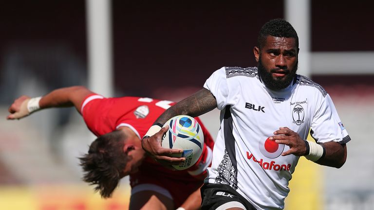 Nikola Matawalu breaks away for Fiji from the Canada defence during the international between the sides at Twickenham on September 6, 2015.