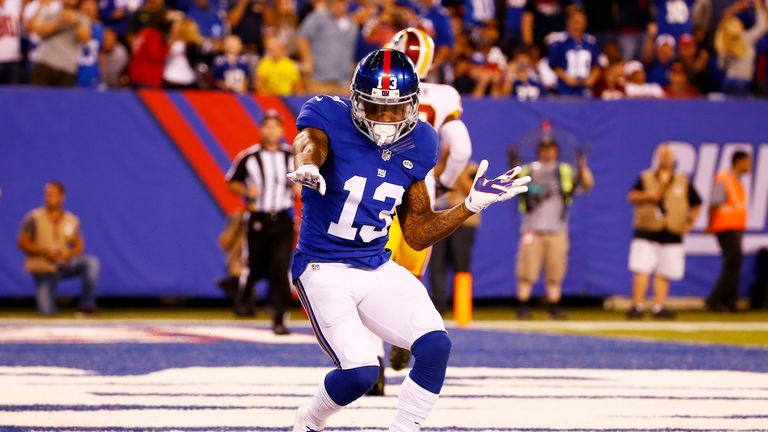 Odell Beckham #13 of the New York Giants dances in the end zone