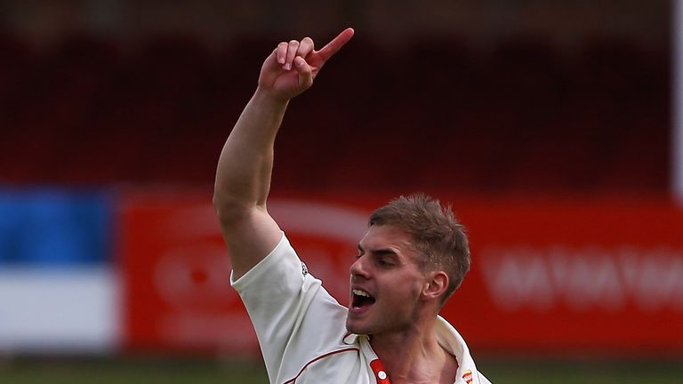 LEICESTER, ENGLAND - APRIL 17:   Ollie Freckingham of the Leicestershire celebrates bowling Brendan Nash of the Kent for LBW during day one of the LV Count