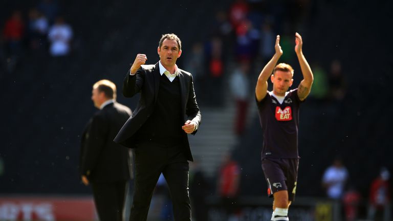 Derby County manager Paul Clement celebrates after the win over MK Dons