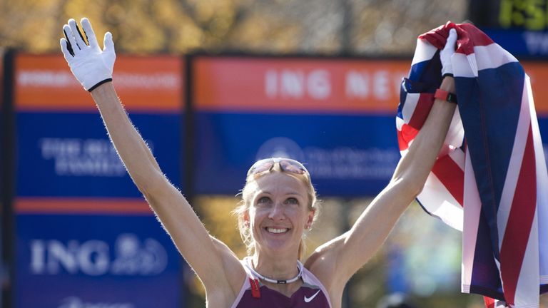 Paula Radcliffe of England celebrates her victory in the New York City Marathon on November 2, 2008