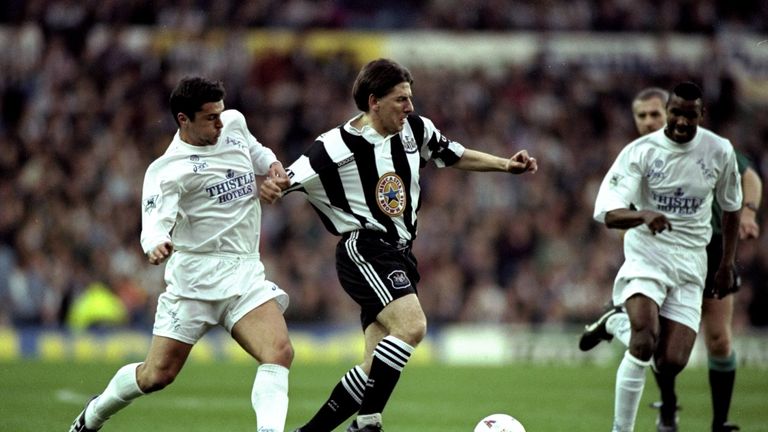 30 Apr 1996:  Gary Speed (left) of Leeds United holds back Peter Beardsley of Newcastle United