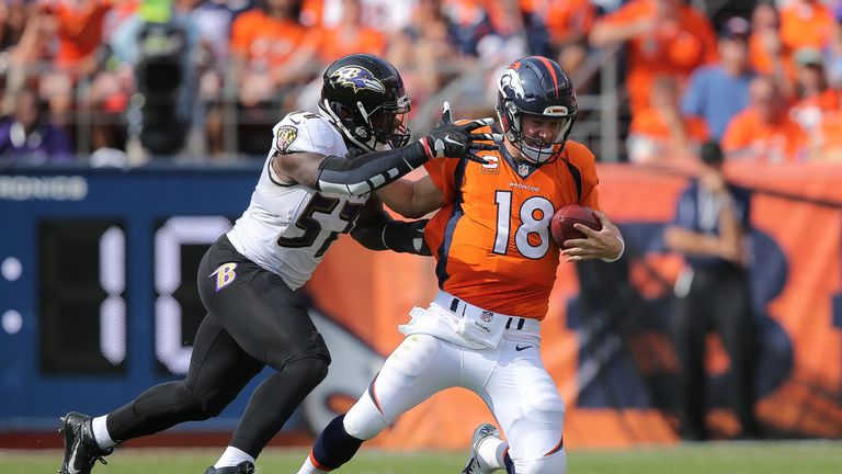 Inside linebacker C.J. Mosley #57 of the Baltimore Ravens sacks quarterback Peyton Manning #18 of the Denver Broncos in the sec