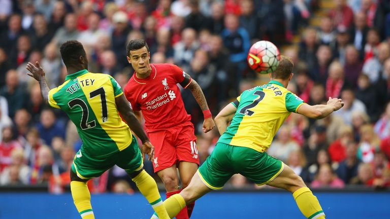 Philippe Coutinho shoots past Alexander Tettey and Steven Whittaker