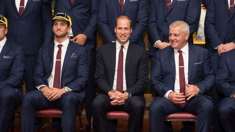 The Duke of Cambridge (centre), who is the vice patron of the Welsh Rugby Union, sits with Welsh captain Sam Warburton (left) and head coach Warren Gatlin 