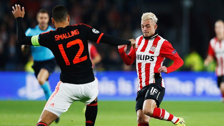 Maxime Lestienne of PSV Eindhoven takes on Chris Smalling