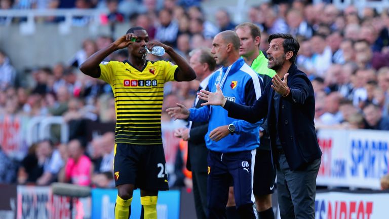 Quique Flores manager of Watford gestures during the Barclays Premier League match between Newcastle United and Watford at St James' Park on September 19