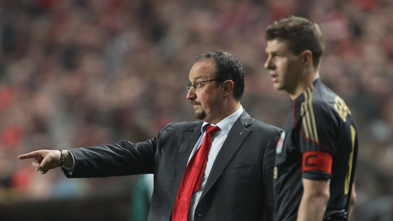 Manager Rafael Benitez (L) of Liverpool issues instructions as Steven Gerrard looks on during the UEFA Europa League quarter-final v Benfica, 1 April 2010
