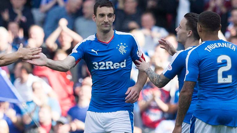 Rangers' Lee Wallace celebrates his goal during the Ladbrokes Scottish Championship match against Raith